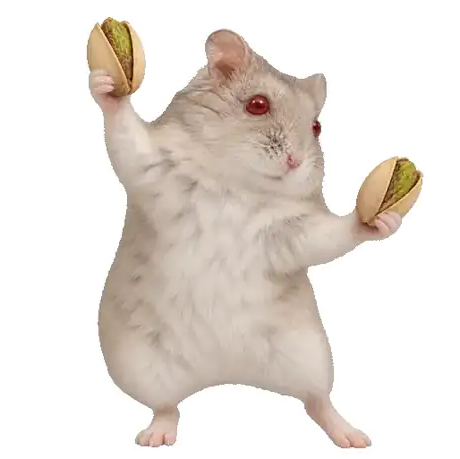 Tito, el hámster, bailando con dos pistachos